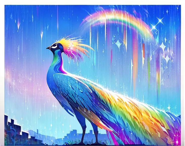 score_9, score_8_up, score_7_up, score_6_up, score_5_up, score_4_up, 
peacock, score_9, rainbow, no humans, bird, colorful, rain,  solo, animal focus, border, sparkle, sky, looking up, animal, outdoors
, <lora:peacock_pony:0.8>