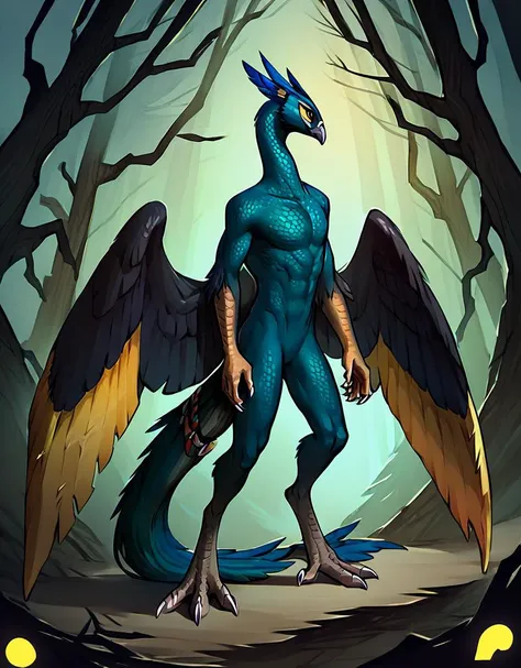 score_9, score_8_up, score_7_up, score_6_up, score_5_up, score_4_up,
peacock, no humans, solo, tail, yellow eyes, wings, claws, standing, feathers, talons, scales,
,fantasy forest backround
, <lora:peacock_pony:0.8>