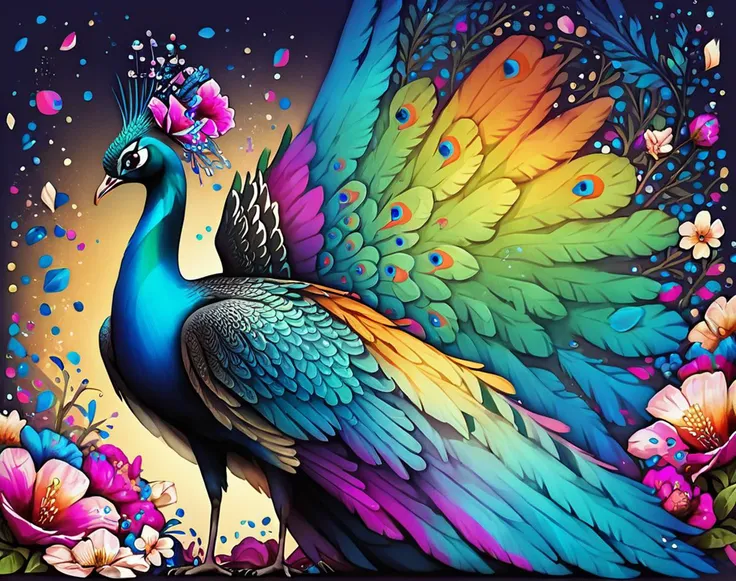 score_9, score_8_up, score_7_up, score_6_up, score_5_up, score_4_up, 
peacock, no humans, bird, solo, animal focus, colorful, wings, flower
, <lora:peacock_pony:0.8>