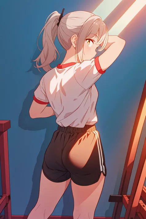 (best quality, masterpiece, highres),1girl,solo,pose,split ponytail,tights,gym_shorts,looking at another,
<lora:a beam of light_v1.04:1>,light rays,