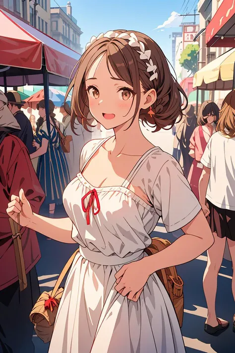 (masterpiece, best quality), female young adult, sculpted, indigenous australian, hazel eyes, dorsal hump nose, pointed chin with cleft, low forehead, , __bo/chars/haircolor__ milkmaid braid hair, interest wearing __Bo/clothings/nsfw/female-attire__, hair toss, tossing hair back, creating a dramatic and enticing effect, silhouettes, characters outlined against a bright background, evoking intimacy without explicit details, a lively street fair, with food stalls, live music, and laughter