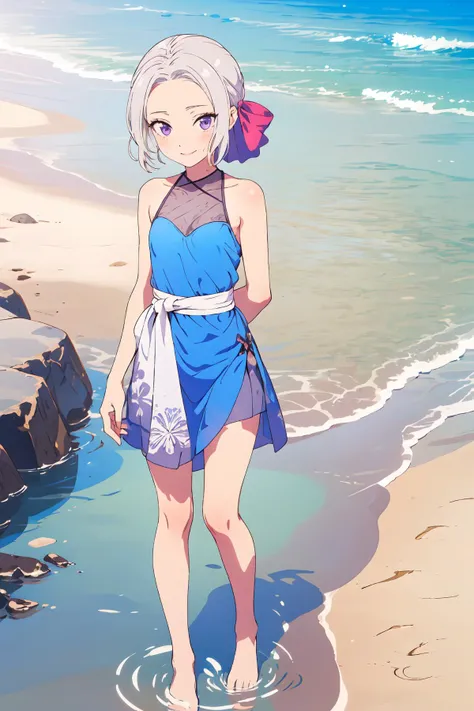 (best quality, masterpiece, RAW photo,ultra-detailed, intricate, highly detailed,:1.2), 1girl, bare shoulders, white hair, breasts, (short hair:1.5), looking at viewer, solo,(Red lips),(full lips),(blue dress:1.3),(rimel),make-up,eyelashes,(hand behind the waist),(Closed mouth:1.3) ,(smile1.5), <lora:shino:0.6>,shino,(full body:1.3),(standing),(small breasts:1.5),(beach),(water),(hands behind backs:1.5), (hands not visible:1.5),(barefoot),purple eyes, hair ribbon, short hair,(walking)