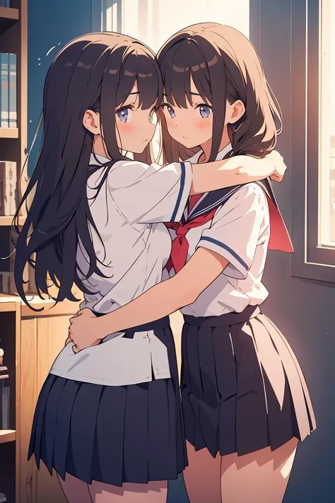 (masterpiece, best quality), 2girls, hug, school uniform, size difference,