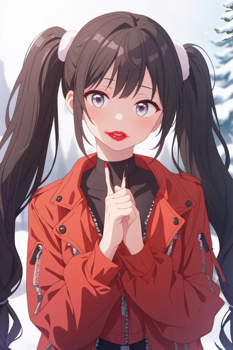 (masterpiece,best quality,absurdres),1girl,solo,<lora:smeared lipstick_bx-v2.02:1>,smeared lipstick,
upper body,twintails,biker_clothes,snow boots,looking at viewer,simple background,