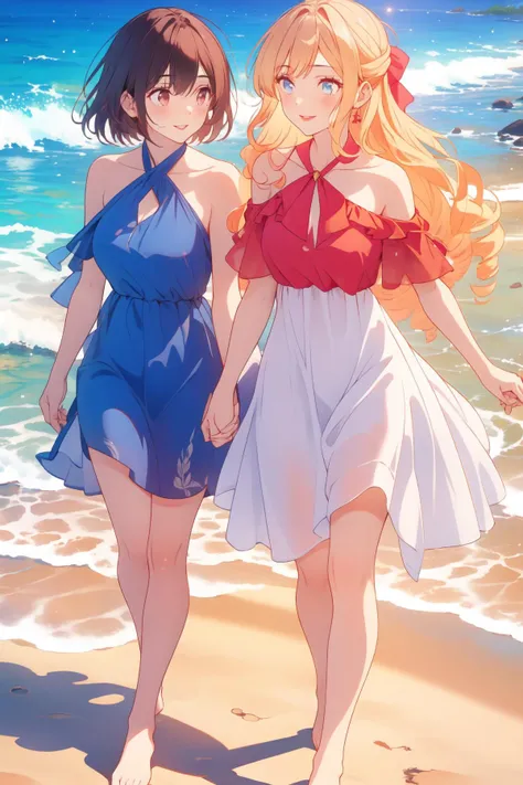 2girls, blonde hair, bow, brown hair, hair bow, holding hands, interlocked fingers, multiple girls,red bow, yuri, (best quality, masterpiece, RAW photo,ultra-detailed, intricate, highly detailed,:1.2), 1girl, bare shoulders,breasts,(Red lips),(full lips),(blue dress:1.3)(smile1.5),(beach),(water),(barefoot),(walking) <lora:wataoshi_ep01_lohad8_attn-mlp:1>Kurea,ReiTeira,(curly hair)