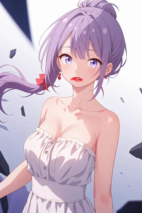 (masterpiece,best quality,absurdres),1girl,solo,<lora:smeared lipstick_bx-v2.02:1>,smeared lipstick,
upper body,purple hair,low ponytail,strapless_dress,sleeveless blouse,looking at viewer,dynamic_angle,