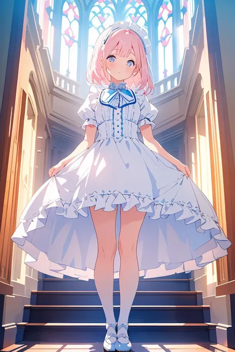 (masterpiece, best quality), 1girl, blue and white frill dress, (white stockings), pink hair, cute face, standing, indoor, intricate detail, sunlight,