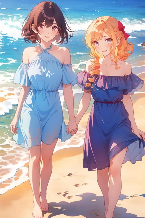 2girls, blonde hair, bow, brown hair, hair bow, holding hands, interlocked fingers, multiple girls,red bow, yuri, (best quality, masterpiece, RAW photo,ultra-detailed, intricate, highly detailed,:1.2), 1girl, bare shoulders,breasts,(Red lips),(full lips),(blue dress:1.3)(smile1.5),(beach),(water),(barefoot),(walking) <lora:wataoshi_ep01_lohad8_attn-mlp:1>Kurea,ReiTeira,(curly hair), drill, (looking at viewer),