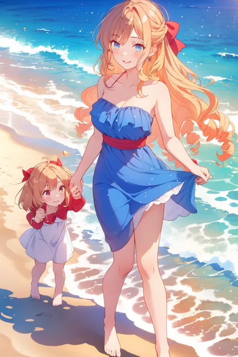 2girls, blonde hair, bow, brown hair, hair bow, holding hands, interlocked fingers, multiple girls,red bow, yuri, (best quality, masterpiece, RAW photo,ultra-detailed, intricate, highly detailed,:1.2), 1girl, bare shoulders,breasts,(Red lips),(full lips),(blue dress:1.3)(smile1.5),(beach),(water),(barefoot),(walking) <lora:wataoshi_ep01_lohad8_attn-mlp:1>Kurea,ReiTeira,(curly hair)