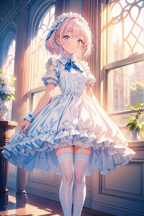 (masterpiece, best quality), 1girl, blue and white frill dress, (white stockings), pink hair, cute face, standing, indoor, intricate detail, sunlight, <lora:add_detail:1>