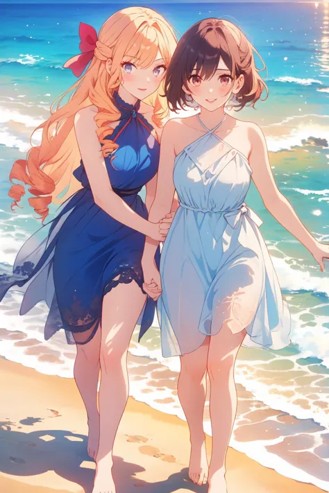 2girls, blonde hair, bow, brown hair, hair bow, holding hands, interlocked fingers, multiple girls,red bow, yuri, (best quality, masterpiece, RAW photo,ultra-detailed, intricate, highly detailed,:1.2), 1girl, bare shoulders,breasts,(Red lips),(full lips),(blue dress:1.3)(smile1.5),(beach),(water),(barefoot),(walking) <lora:wataoshi_ep01_lohad8_attn-mlp:1>Kurea,ReiTeira,(curly hair), drill, (looking at viewer),