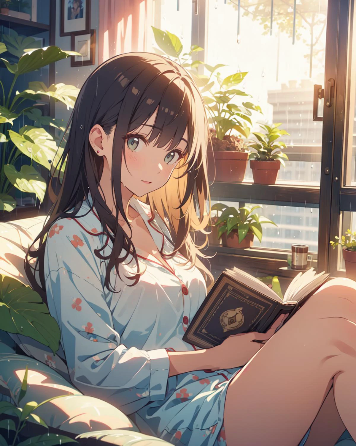 ((rainy day)), (water on window), cozy apartment with plants, a woman reading a book, cozy bean bag chair, pajamas, detailed face