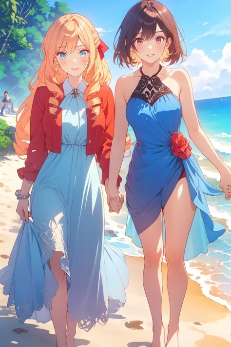 2girls, blonde hair, bow, brown hair, hair bow, holding hands, interlocked fingers, multiple girls,red bow, yuri, (best quality, masterpiece, RAW photo,ultra-detailed, intricate, highly detailed,:1.2), 1girl, bare shoulders,breasts,(Red lips),(full lips),(blue dress:1.3)(smile1.5),(beach),(water),(barefoot),(walking) <lora:wataoshi_ep01_lohad8_attn-mlp:1>Kurea,ReiTeira,(curly hair), drill, (looking at viewer),