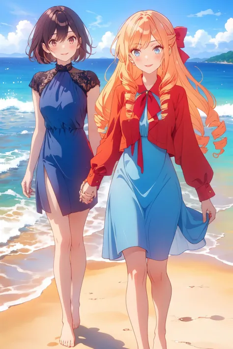 2girls, blonde hair, bow, brown hair, hair bow, holding hands, interlocked fingers, multiple girls,red bow, yuri, (best quality, masterpiece, RAW photo,ultra-detailed, intricate, highly detailed,:1.2), 1girl, bare shoulders,breasts,(Red lips),(full lips),(blue dress:1.3)(smile1.5),(beach),(water),(barefoot),(walking) <lora:wataoshi_ep01_lohad8_attn-mlp:1>Kurea,ReiTeira,(curly hair), drill, (looking at viewer),