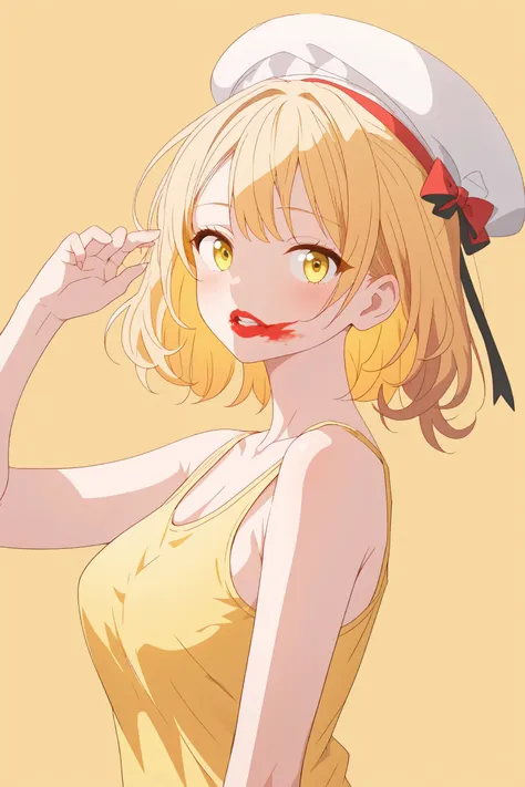 (masterpiece,best quality,absurdres),1girl,solo,<lora:smeared lipstick_bx-v2.02:1>,smeared lipstick,
upper body,yellow theme,top knot hair,tank_top,hat,looking at viewer,dynamic_angle,