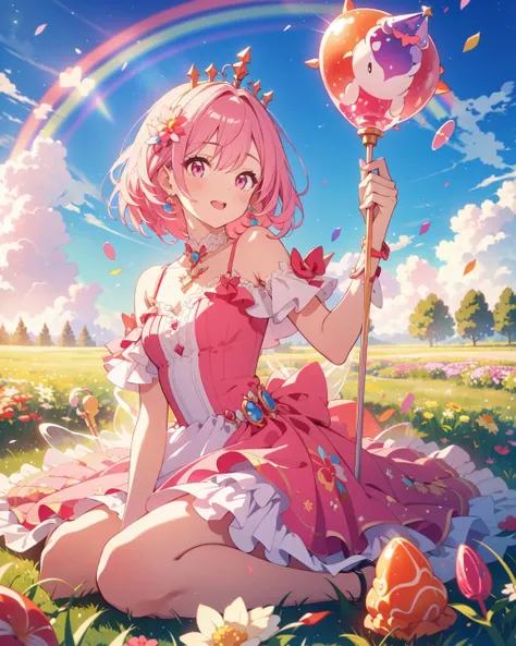 (best quality:1.0), (ultra highres:1.0), a rainbow, candy, (a field of candy), 1girl, sugar queen, pink dress, a Sceptor of candy, rock crystals, finely detailed ryal dress