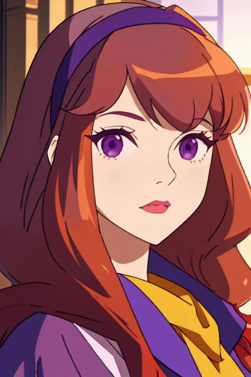 <lora:(Scooby.Doo).Daphne.Blake.(dinixdream):.7> "redhead, purple eyes, purple headband", fetching, light purple skin