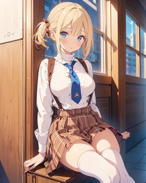 1 girl, blonde hair, medium breasts, (short twin tail hair:1.2)
(white tight turtleneck, brown plaid suspender skirt:1.2), blue eyes, bored, posing
school