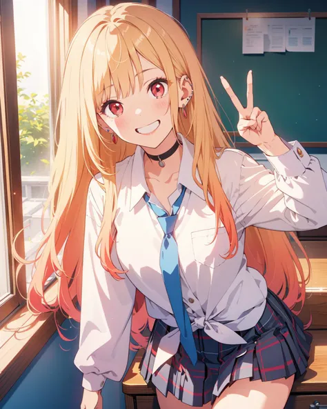masterpiece, best quality, highres, kitagawa marin, 1girl, blonde hair, long hair, multicolored hair, red eyes, jewelry, earrings, piercing, school uniform, white shirt, tied shirt, black choker, blue necktie, plaid skirt, <lora:kitagawa_marin_v1-1:0.7>, leaning forward, grin, (peace sign)