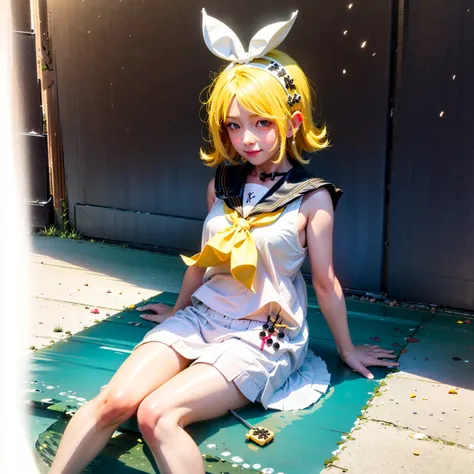 [(white background:1.5)::5], (bottle bottom:0.9), 
best quality, ultra high res, (photorealistic:1.4),
1 girl, mid shot, full body,kagamine rin,((hands behind back)), yellow hair, hair ornament, smile, hairclip, blue eyes, looking at viewer, sailor collar, short hair, yellow neckerchief, neckerchief, bow, upper body, hair bow, shirt, bangs, sleeveless, yellow nails, black sailor collar, white shirt, sleeveless shirt, swept bangs, nail polish, treble clef, closed mouth, black bow, 
light on face,
((sitting)),In the river,