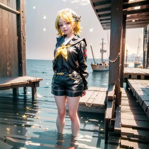 [(white background:1.5)::5], (bottle bottom:0.9), 
best quality, ultra high res, (photorealistic:1.4),
1 girl, mid shot, full body,kagamine rin,((hands behind back)), yellow hair, hair ornament, smile, hairclip, blue eyes, looking at viewer, sailor collar, short hair, yellow neckerchief, neckerchief, bow,  hair bow, shirt, bangs, sleeveless, yellow nails, black sailor collar, white shirt, sleeveless shirt, swept bangs, nail polish, treble clef, closed mouth, black bow, Short ,black shorts, short shorts, 
standing on ocean, sea waves, water splashes, sky, detailed moon, light particles, butterflies, night, starry sky,