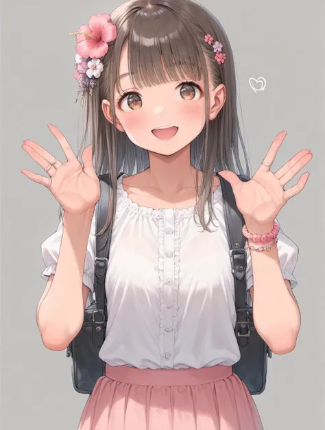 score_9, score_8_up, score_7_up,source_anime,BREAK  rating_explicit,uncensored,1girl,  gyaru,:d, backpack, bag, brown eyes, brown hair, collarbone, eyelashes, flower, grey background, hair flower, hair ornament, hands up, holding, holding bag, long hair, looking at viewer, open mouth, outdoors, pink flower, puffy short sleeves, puffy sleeves, shirt, short sleeves, simple background, smile, solo, teeth, upper body, upper teeth only, white shirt