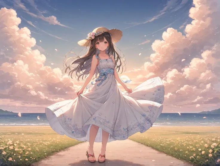 score_9, score_8_up, score_7_up,source_anime,BREAK  1girl, outdoors, sky, cloud, dress, grass, standing,in high ground, blond hair,   Floral maxi dress, straw hat, sandals, long hair, wind, sunset, sun, cloudy sky, (blue sky:1.2), day, petals, vanishing point, flower, detailed background,The ocean in the distance, road,Horizon,looking at viewer,