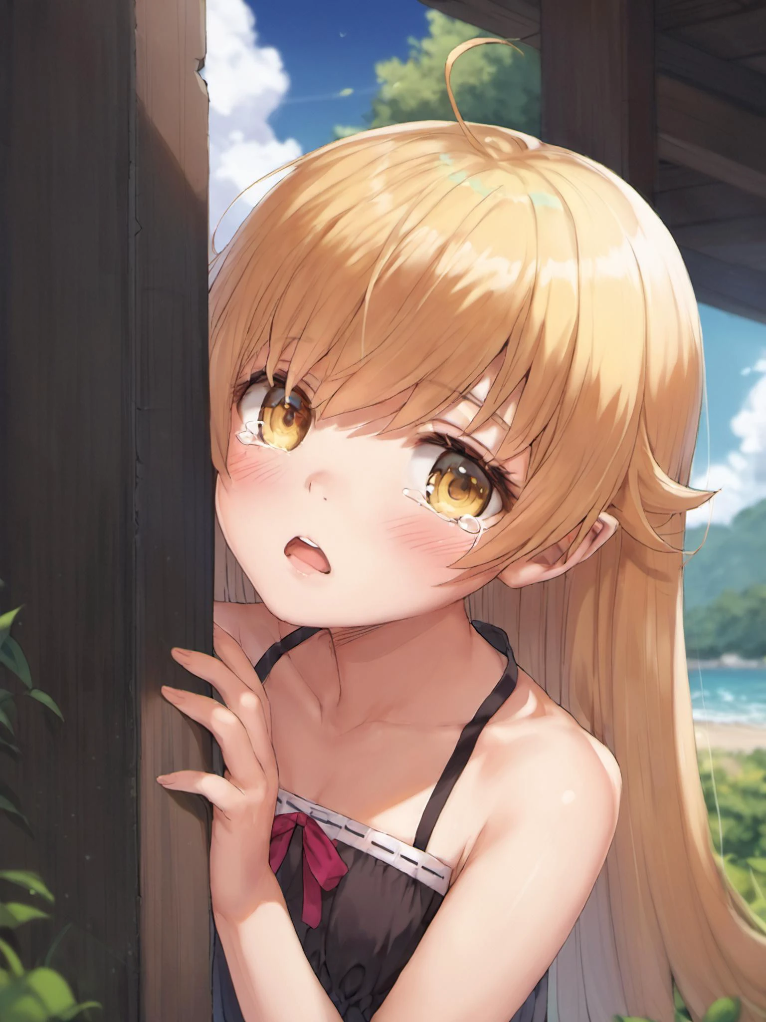 score_8_up, score_7_up, score_6_up, score_5_up, score_4_up, anime screenshot,uncensored,
1girl,black minidress,bare shoulders, day,sun,black panties, chestnut mouth, open mouth,(hides half face:1.2),hidden,blush,
1girl,solo focus, oshino shinobu, blonde hair, long hair, yellow eyes, flat chest, peeking out upper body,ahoge,looking at viewer, tears,
<lora:shinobu:0.8> <lora:peeking_out_ponyxl:0.7>