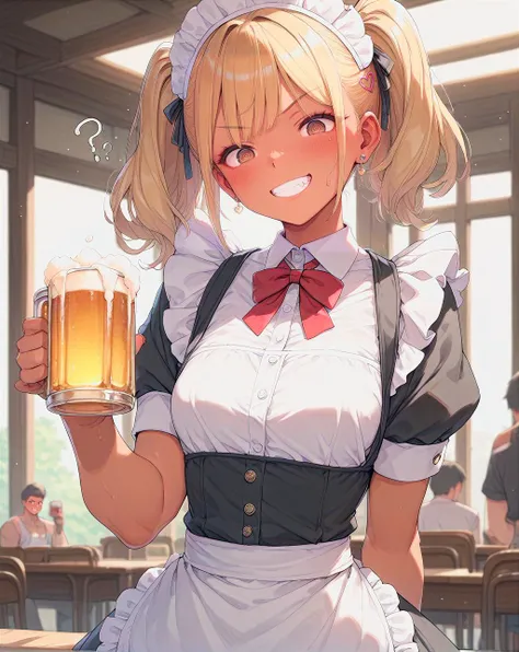 score_9
score_8_up
score_7_up
(solo, 1girl:1.5)
gyaru, ganguro
dark-skinned female
blonde hair, twintails
long hair, medium hair
brown eyes
small breasts
maid, maid apron,
drink beer
evil grin, @ @, ornate border
medium body, curvy body