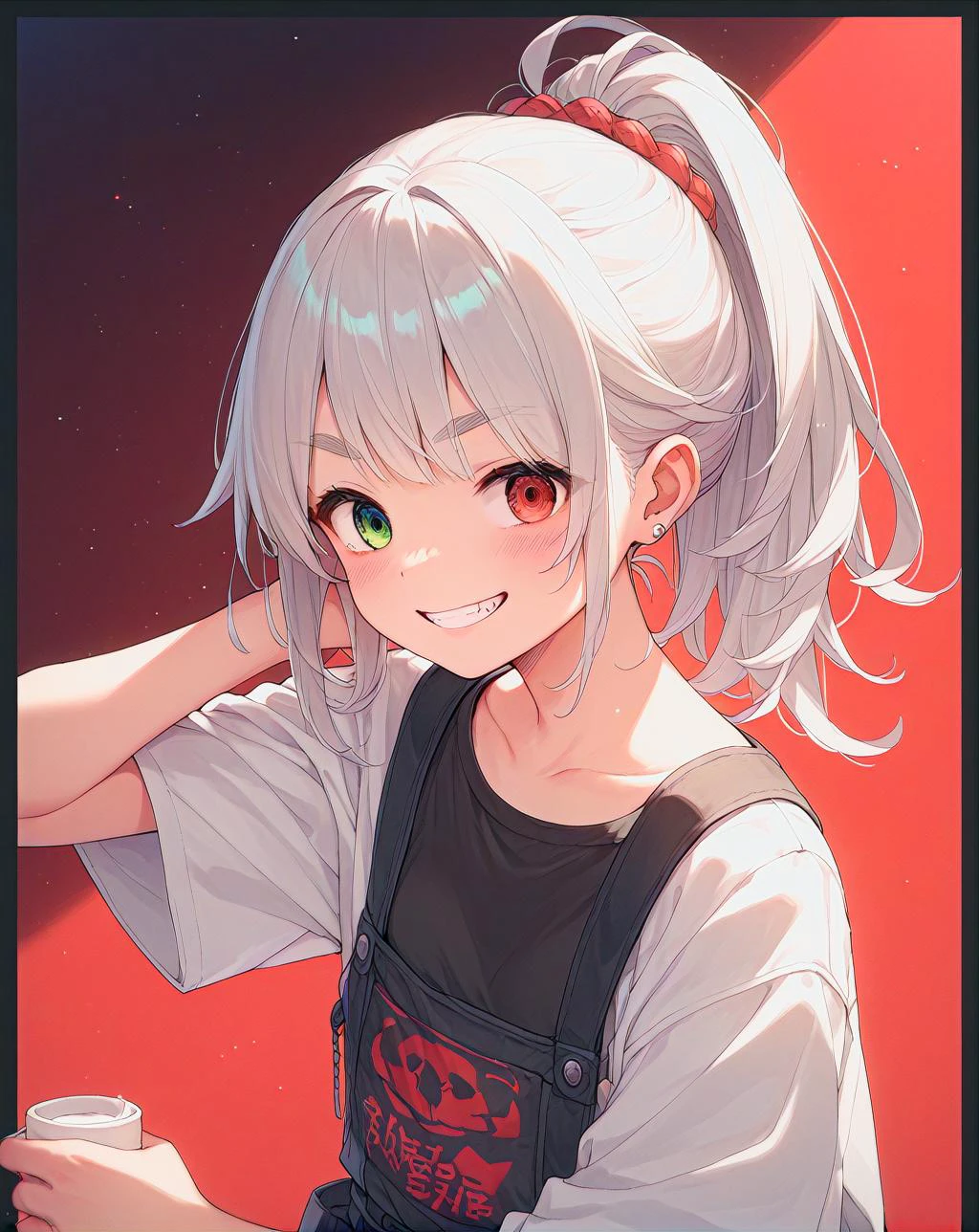 score_9
score_8_up
score_7_up
(solo, 1girl:1.5)
source_anime
cute, 1girl
original character, (red eye, green eye, heterochromia: 1.3), Sharp Eyebrows, small Breasts, ponytail hair, white hair:1.3
evil grin, @ @, ornate border