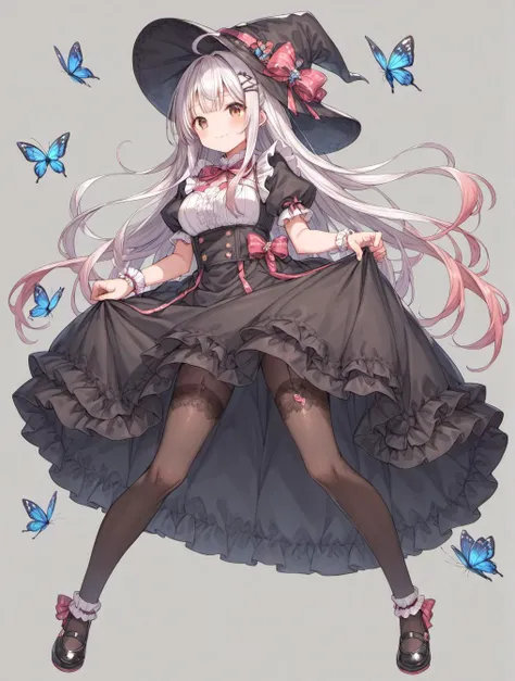 score_9, score_8_up, score_7_up,source_anime,BREAK 1girl,gyaru, ahoge, black footwear, black legwear, brown eyes, brown hair, bug, butterfly, closed mouth, dress, frilled dress, frills, full body, grey background, hat, long hair, pantyhose, puffy short sleeves, puffy sleeves, short sleeves, simple background, socks, solo, very long hair, white hair, white socks, white sleeves, witch hat
