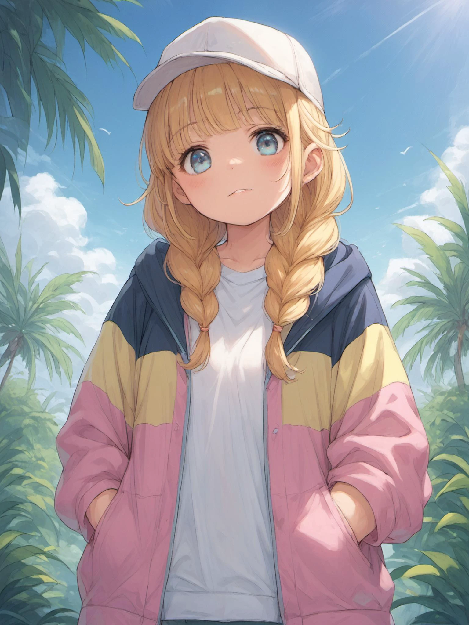 score_9, score_8_up, score_7_up, best quality, masterpiece,uncensored,source anime,
,cute,colorful,,tropical,
1girl,small breasts,
eiko tsukimi, blonde hair, long hair, blue eyes, braid,baseball cap, jacket
16yo rl,
, <lora:eiko-tsukimi-ponyxl-lora-nochekaiser:1>