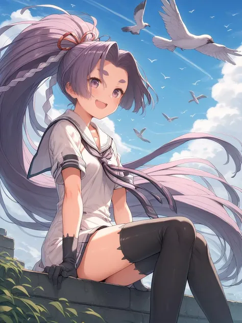 score_9, score_8_up, score_7_up, score_6_up, score_5_up, score_4_up, anime,
BREAK
<lora:kancolle-hatsuharu-ponyxl-lora-nochekaiser:1>hatsuharu, hair ribbon, long hair, ponytail, purple eyes, purple hair, ribbon, very long hair, short eyebrows, shide,black gloves, black thighhighs, dress, gloves, hikimayu, sailor dress, short dress, thighhighs,
outdoors, military port, blue sky, Cloud, wind, bird,happy smile, sitting,