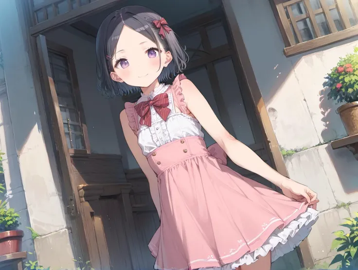 score_9, score_8_up, score_7_up,source_anime,BREAK uncensored,1girl,solo,cowboy shot,small breasts, flat chest, outdoors, dutch angle, , :o, black hair, bow, bowtie, breasts, closed mouth, dress, frilled dress, frilled sleeves, frills, looking at viewer, parted bangs, pink dress, purple eyes, red bow, red bowtie, short hair, sleeveless, sleeveless dress, smile, standing, white dress