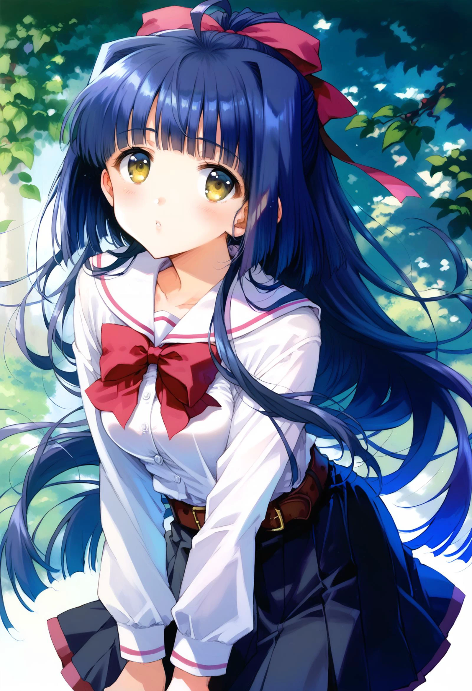 score_9,score_8_up,score_7_up,source_anime, BREAK 1girl, solo, cowboy shot, looking at viewer, leaning forward, suzuna, long hair, yellow green eyes, ahoge, sidelocks, blunt bangs, hair flaps, low ponytail, school uniform, long sleeves, white shirt, red bowtie, black skirt, red skirt, belt <lora:pony_xl_suzuna:1>