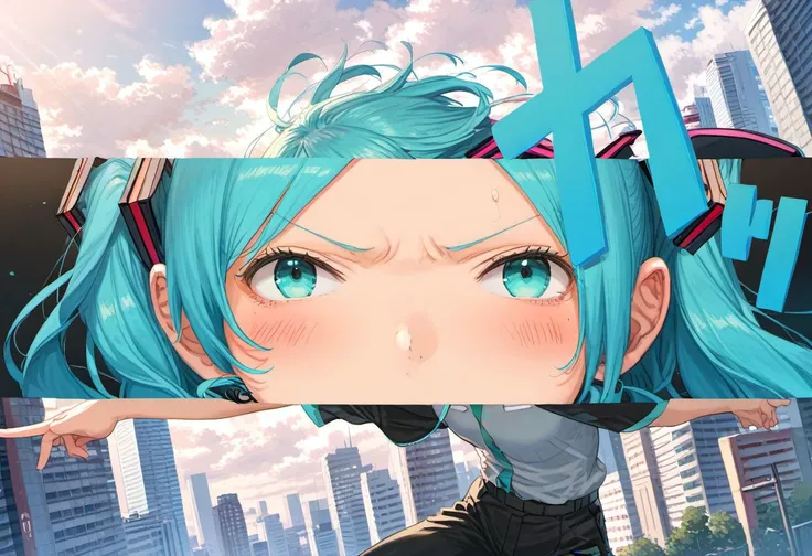 <lora:Fixhands_anime_bdsqlsz_V1:1>score_9, score_8_up, score_7_up, uncensored, source_anime, intricate details, perfect anatomy BREAK
1girl, solo, hatsune miku, aqua hair, aqua eyes,
(v-shaped eyebrows), fighting stance, outdoors, city, tokyo,
<lora:HyLper-Accelerate-PAseer:1> <lora:p3cutin_XL(pony)v1.1fix:1>