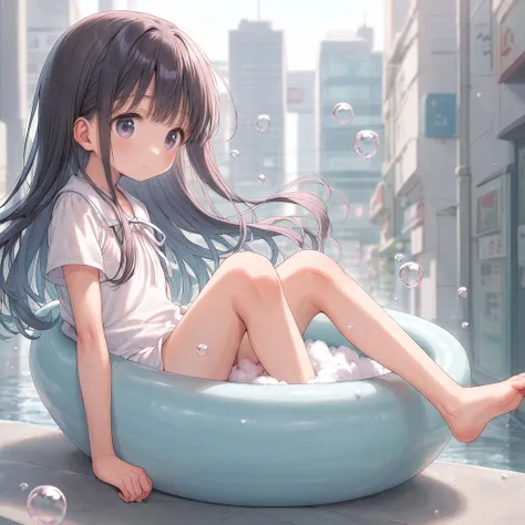 score_9, soft lines, portrait, pastel colors, full body, aerial view, girl riding on a soap bubble is gliding through the skies above the city, 1 girl, :1.2, bishoujo, slender, cute long hair, tareme, white ribbon, slender, strong wind, perfect anatomy,