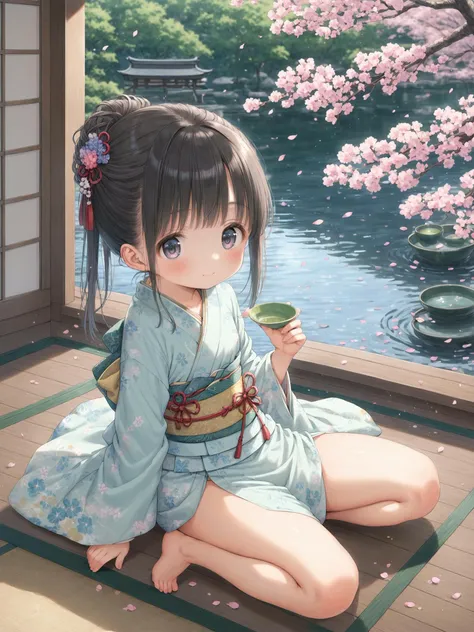 score_9, anime_style, soft lines, light pastel colors, uncensored, 1 , (6yo:1.4), sitting on tatami, zarei, seiza, japanese green tea,
child, bishojo, big eyes, floating hair, hair ornament, gladfull, japanese clothes, floral kimono, full body, a pond, carp, a charming wooden bridge, cherry blossoms, tranquil japanese garden, blossom petal, dynamic angle, perfect lighting, <lyco:zarei_Pony_V1.0:1:COS> <lora:detailed_notrigger:1>