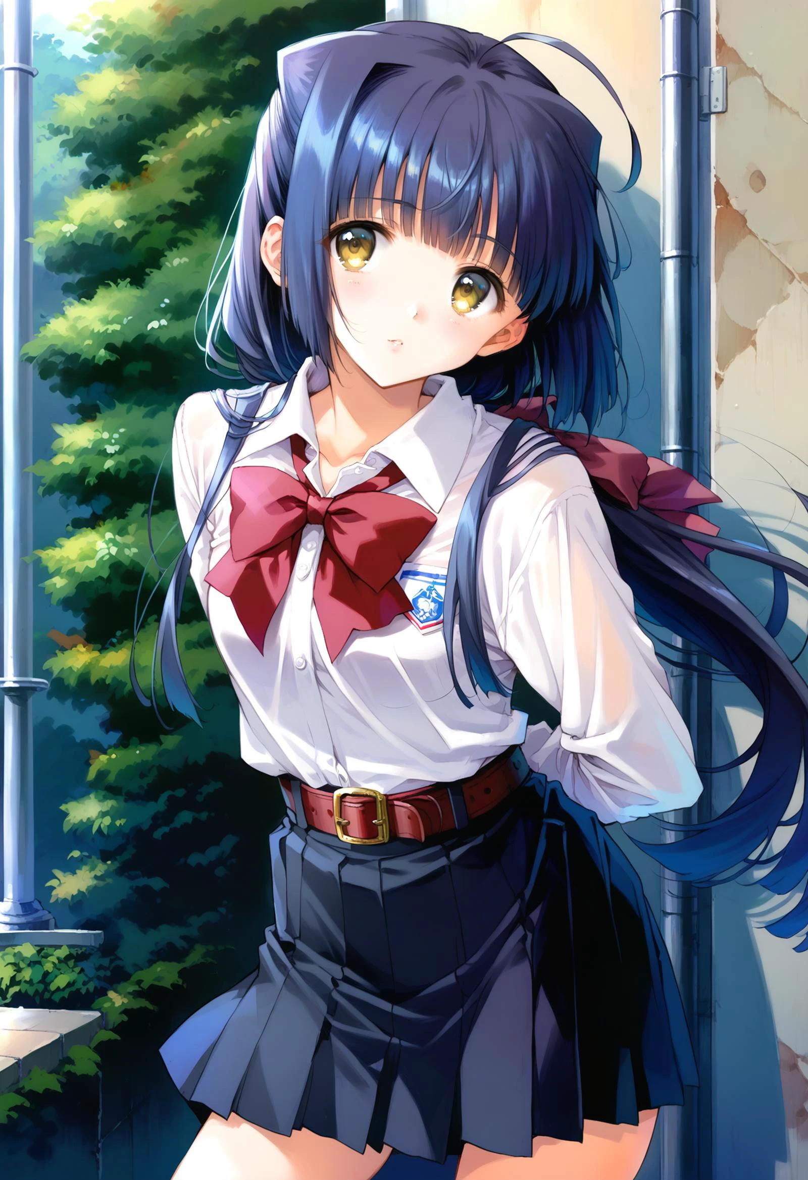score_9,score_8_up,score_7_up,source_anime, BREAK 1girl, solo, cowboy shot, looking at viewer, leaning forward, suzuna, long hair, yellow green eyes, ahoge, sidelocks, blunt bangs, hair flaps, low ponytail, school uniform, long sleeves, white shirt, red bowtie, black skirt, red skirt, belt <lora:pony_xl_suzuna:1>