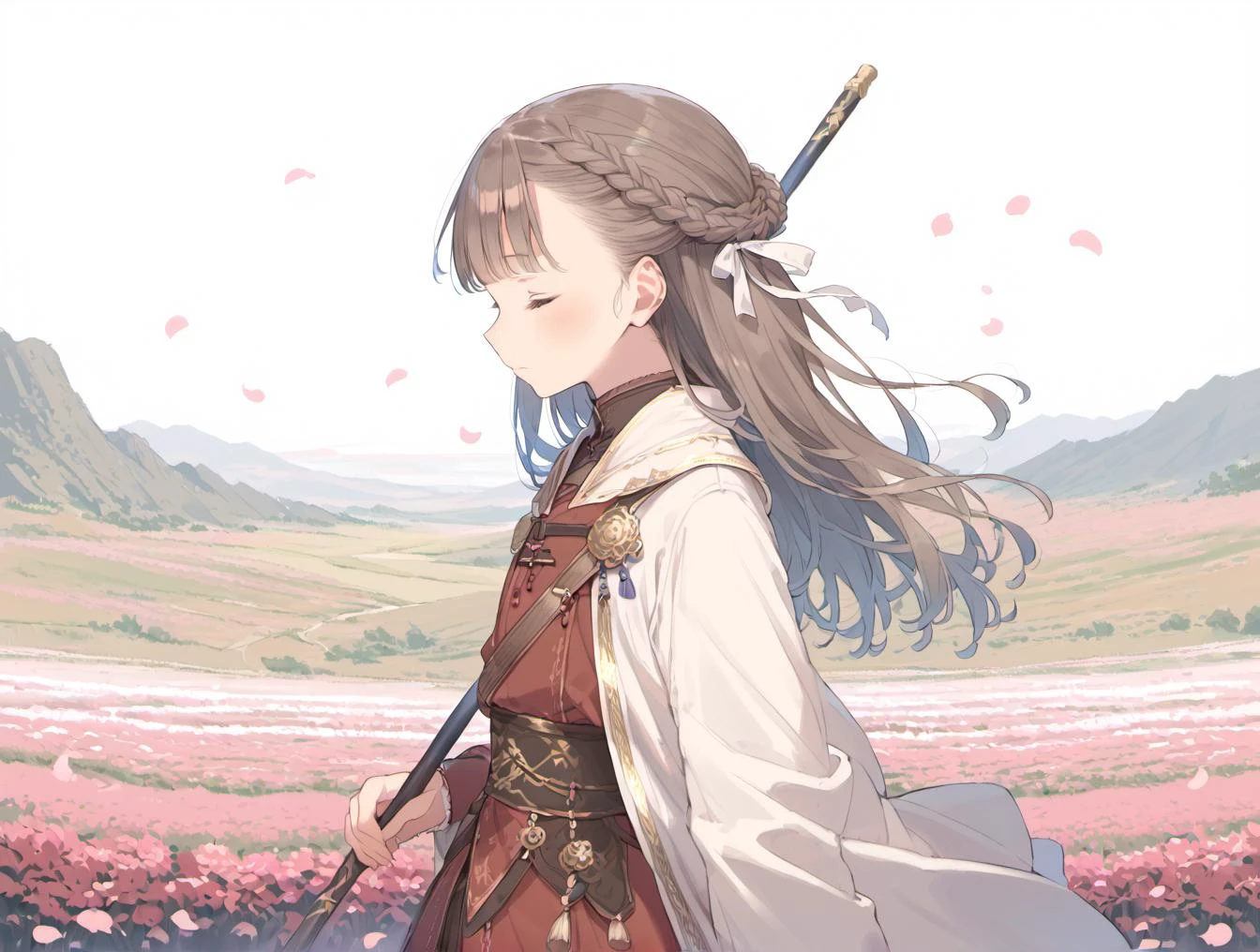 score_9, score_8_up, score_7_up,source_anime,BREAK uncensored,1girl,solo,cowboy shot, landscape, fantasy,, braid, brown hair, closed eyes, closed mouth, from side, holding, holding polearm, holding weapon, limited palette, long hair, looking to the side, outdoors, petals, profile, sidelocks