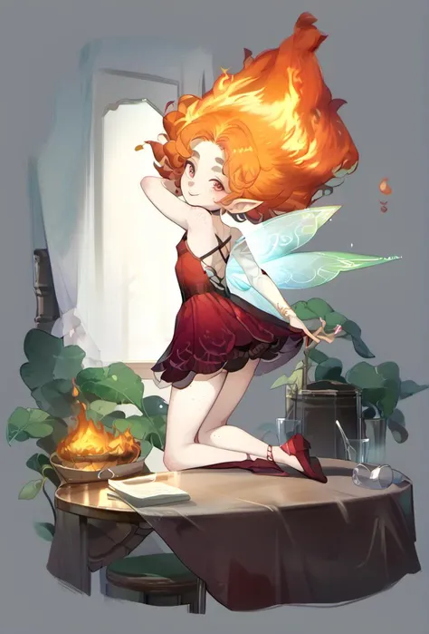 score_9, score_8_up, score_7_up, score_6_up, small fire girl, fairy, red disheveled hair, dancing on table, peeks out from behind the glass, red dress, red eyes, freckles, small chest, looking at viewer, laughs merrily, fire on clothes, fire on legs, lit, <lora:GachaMihoyoXLP6lokrV4239:1> grey background,