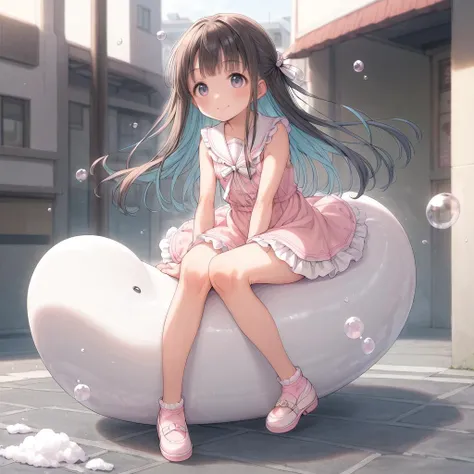 score_9, soft lines, portrait, pastel colors, full body, girl riding on a soap bubble is gliding through the skies above the city, 1 girl,:1.2, bishoujo, slender, cute long hair, tareme, white ribbon, slender, strong wind, perfect anatomy,