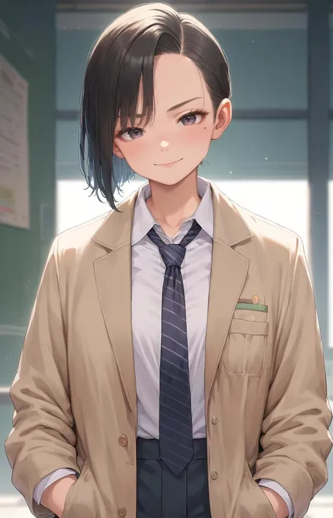 (score_9,score_8_up,score_7_up,score_6_up,score_5_up,score_4_up),
1girl, female, female focus, looking at viewer, shaved sides,bob, black hair,tie,suit,
smug,upper body,hand in pocket, mole under eye,
best quality,masterpiece,