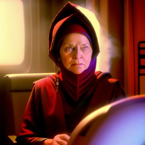 sdn <lora:diffusiondesign_SDN_LoRA_1.12:1>, a medium view of (kai winn), vedic, bajoran, woman, wearing vedic uniform, intense distressed expression, sitting in ship chair, with blurry red alert background, red glowing fog, emergency, (louise fletcher)