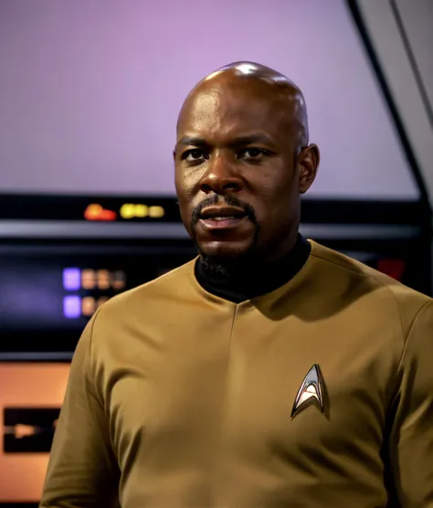 sdn, medium view of captain ben sisko,human,wearing a gold and black tosunmf uniform,star trek badge,operations background,(spacecraft command room:1.2),RAW Photo,soft lighting,high quality,film grain,masterpiece<lora:TOSUITV11:0.73><lora:diffusiondesign_SDN_LoRA_1.12:0.7>