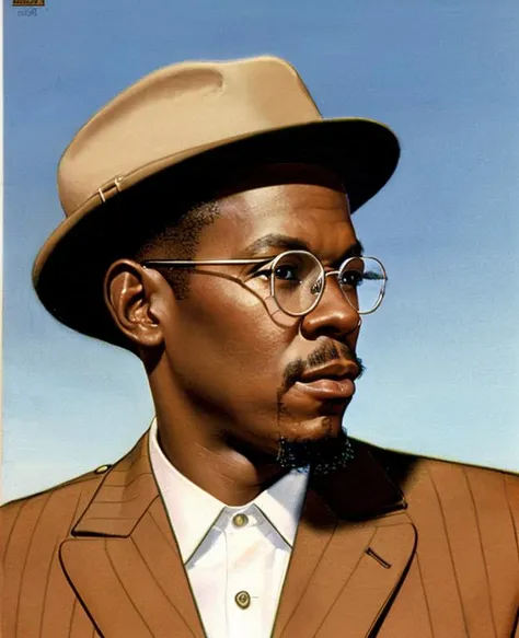 sdn <lora:diffusiondesign_SDN_LoRA_1.12:0.8>, portrait illustration of captain (ben sisko), human, portrait, color vintage magazine illustration, 1950s, goatee, glasses, fedora hat, black suit and tie, art by norman rockwell, art by edward hopper, avery brooks