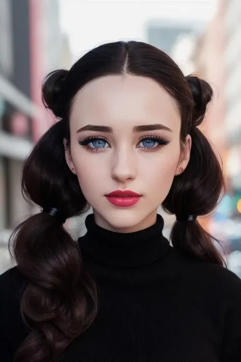 photo of <lora:rachelbro-08:0.7>, rachelbro, a woman with ((pale skin, black hair, twin tails, twintails):1.2), ((closeup, portrait):1.1),beautiful skin, ((colorful turtleneck sweater):1.2), ((outdoors, city street):1.2),((detailed face, beautiful face, detailed eyes, beautiful eyes):1.1), ((red lipstick, eyeliner, full makeup, eye shadow):1.2),((best quality, masterpiece, extreme details):1.2) ((detailed face, beautiful face, detailed eyes, beautiful eyes):1.2),modelshoot style, (extremely detailed CG unity 8k wallpaper), photo of the most beautiful artwork in the world, , professional majestic (photography by Steve McCurry), 8k uhd, dslr, soft lighting, high quality, film grain, Fujifilm XT3 sharp focus, f 5.6, High Detail, Sharp focus, dramatic