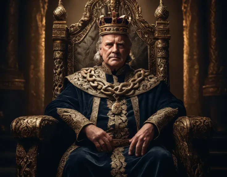 a portrait of a king, aged 60, sitting on a throne, crown is made of snakes, dim lit, ["Default (Slightly Cinematic)"]