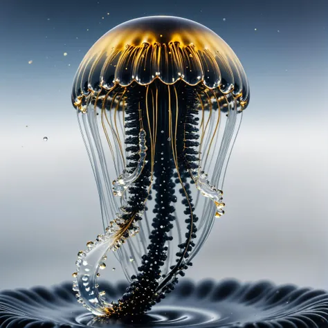 a majestic jellyfish made of ferrofluid, long tail, gold white, ferrofluid surreality, organic fluid surface, particles, smooth liquid, expansive shot, dark matter. viscose and fluid, 
dramatic light, detailed masterpiece, sharp focus, realistic microdetails, symmetry, 35mm
highly detailed, noisy, iso noise, addnoise, 4k, goosebumps, skin texture <lora:wowifierXL:0.3>