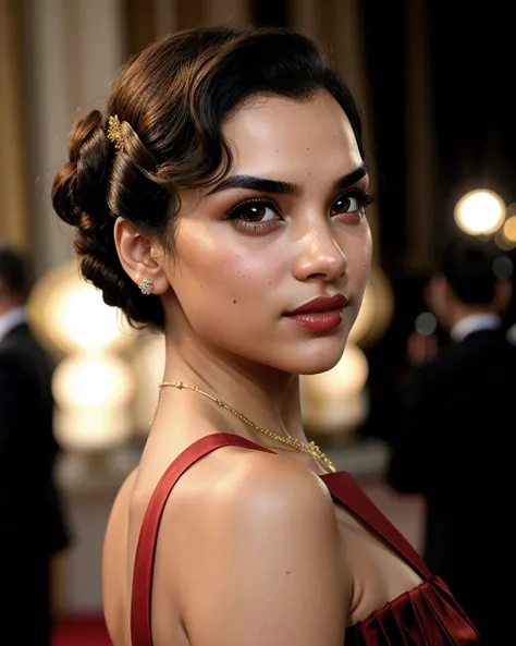 AmberRRchz, (hyperdetailed:1.3) photo of 1girl as a star of Old Hollywood, close-up, face focus, on the red carpet, 1940s glamor, the golden age of film, modest designer dress, eye-catching jewelry, elegant updo, professional cosmetics, outside, evening, posing for the press, luminary of the silver screen, artistic composition, volumetric lighting, (masterpiece, best quality:1.5),